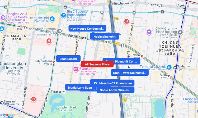 Screenshot of All Seasons Place (shopping) area showing nearby condos and landmarks in Bangkok