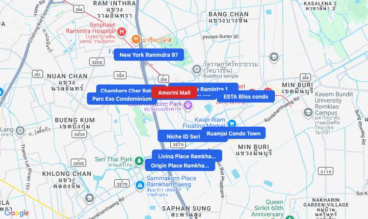Screenshot of Amorini Mall (shopping) area showing nearby condos and landmarks in Bangkok
