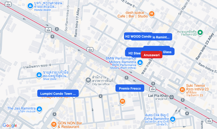 Screenshot of Anusawari (area) area showing nearby condos and landmarks in Bangkok