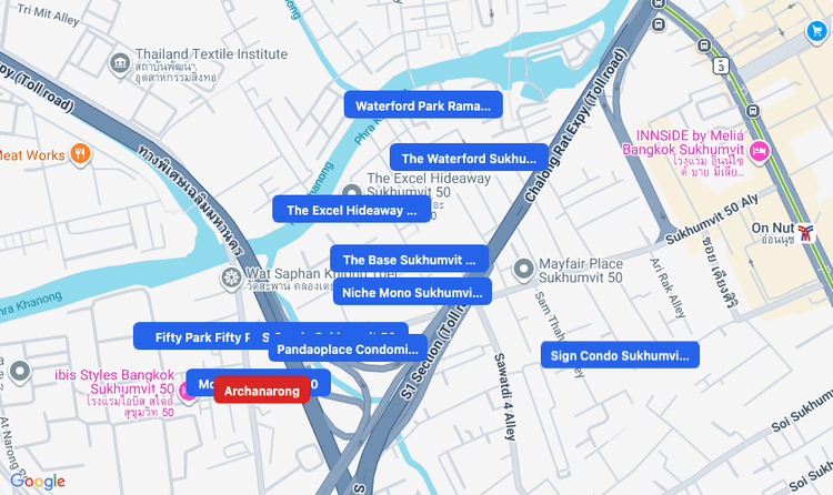 Screenshot of Archanarong (area) area showing nearby condos and landmarks in Bangkok