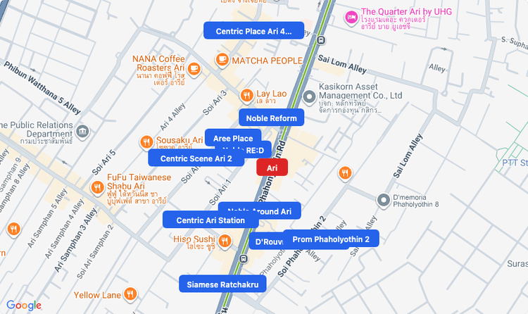 Screenshot of Ari (BTS Sukhumvit (Green)) area showing nearby condos and landmarks in Bangkok