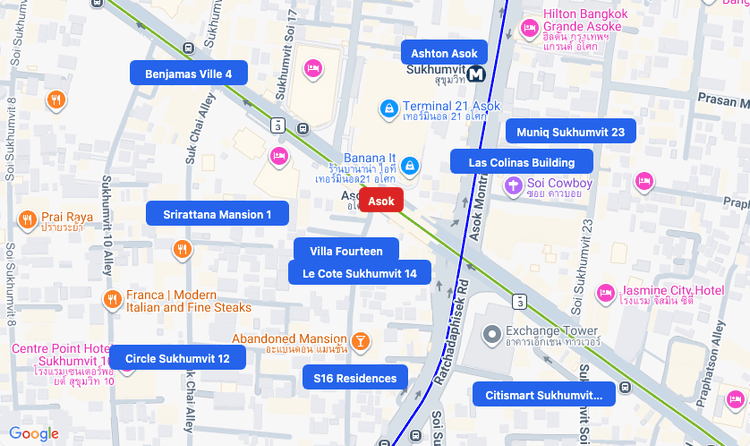 Screenshot of Asok (BTS Sukhumvit (Green)) area showing nearby condos and landmarks in Bangkok