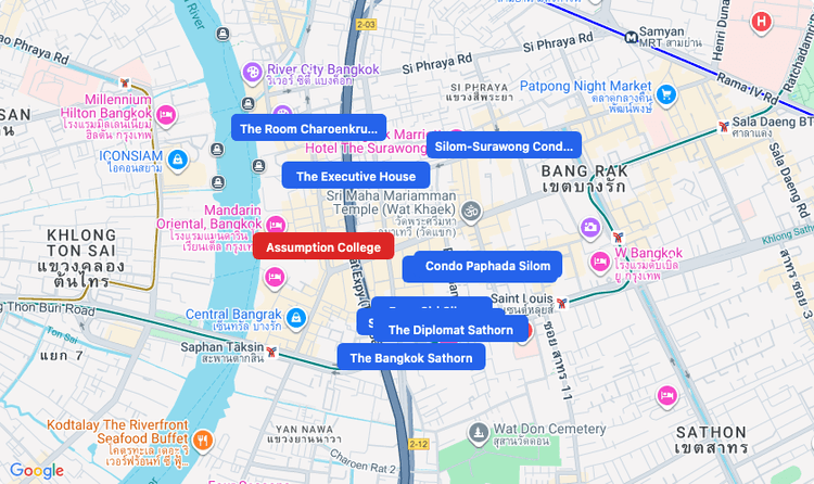 Screenshot of Assumption College (school) area showing nearby condos and landmarks in Bangkok