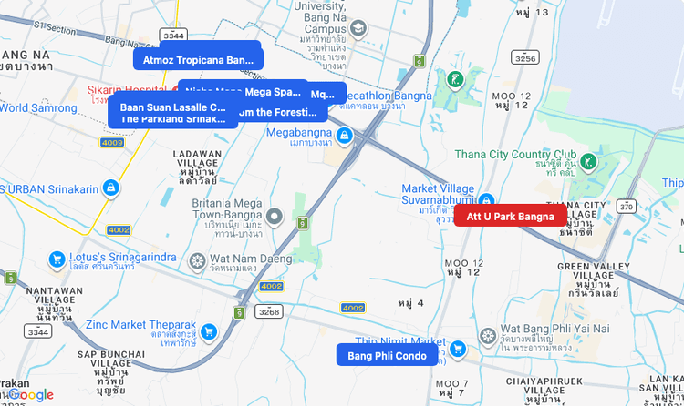 Screenshot of Att U Park Bangna (shopping) area showing nearby condos and landmarks in Bangkok
