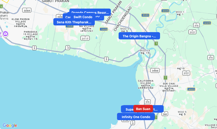 Screenshot of Ban Suan (area) area showing nearby condos and landmarks in Bangkok