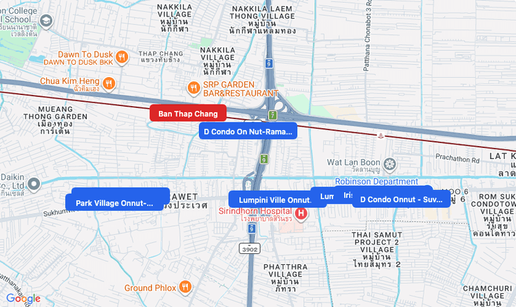 Screenshot of Ban Thap Chang (ARL) area showing nearby condos and landmarks in Bangkok