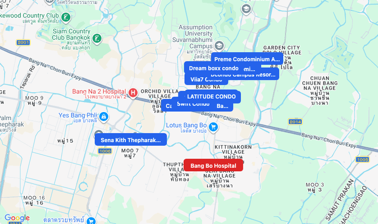 Screenshot of Bang Bo Hospital (hospital) area showing nearby condos and landmarks in Bangkok