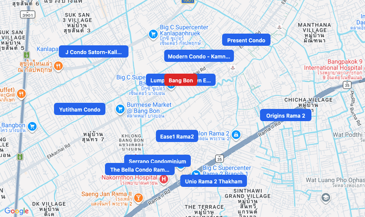 Screenshot of Bang Bon (area) area showing nearby condos and landmarks in Bangkok