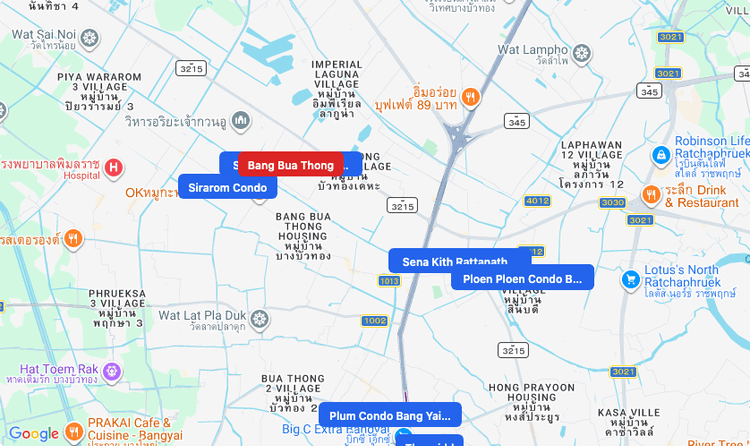 Screenshot of Bang Bua Thong (area) area showing nearby condos and landmarks in Bangkok