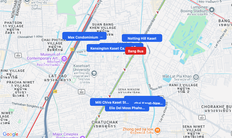 Screenshot of Bang Bua (SRT Red) area showing nearby condos and landmarks in Bangkok