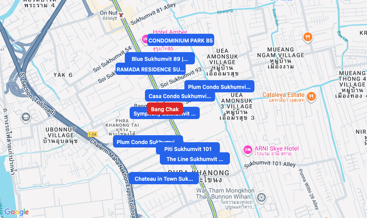 Screenshot of Bang Chak (BTS Sukhumvit (Green)) area showing nearby condos and landmarks in Bangkok