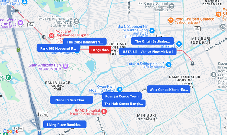 Screenshot of Bang Chan (MRT Pink) area showing nearby condos and landmarks in Bangkok
