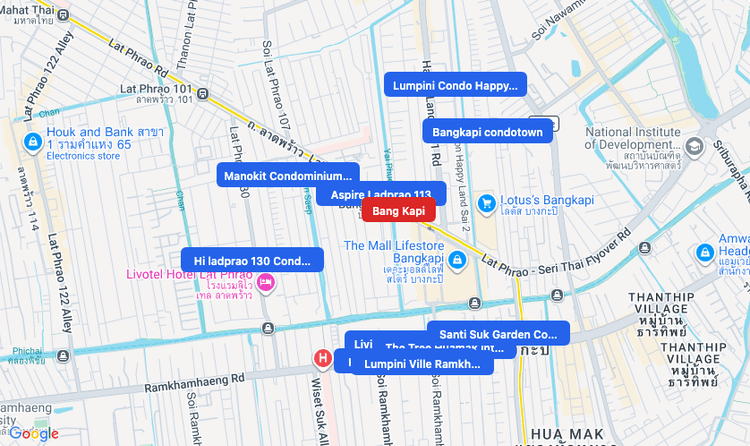 Screenshot of Bang Kapi (MRT Yellow) area showing nearby condos and landmarks in Bangkok