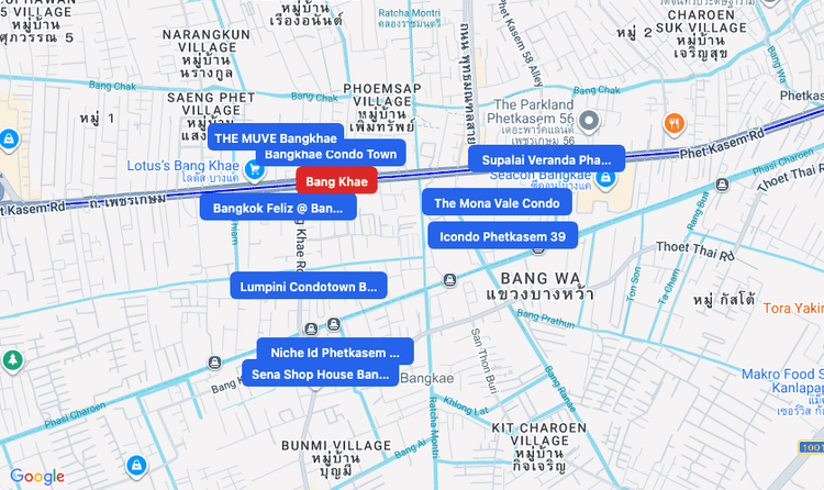 Screenshot of Bang Khae (MRT Blue) area showing nearby condos and landmarks in Bangkok