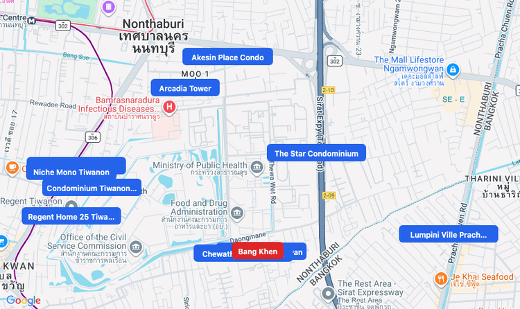 Screenshot of Bang Khen (area) area showing nearby condos and landmarks in Bangkok