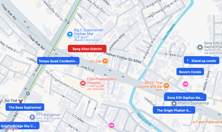 Screenshot of Bang Khen District (area) area showing nearby condos and landmarks in Bangkok