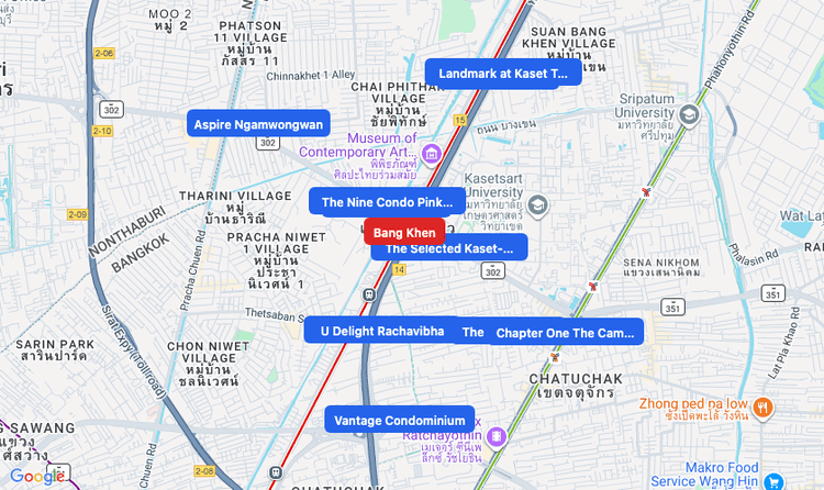 Screenshot of Bang Khen (area) area showing nearby condos and landmarks in Bangkok
