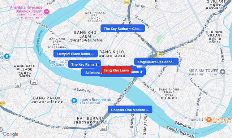 Screenshot of Bang Kho Laem (area) area showing nearby condos and landmarks in Bangkok