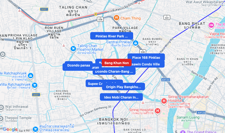 Screenshot of Bang Khun Non (area) area showing nearby condos and landmarks in Bangkok
