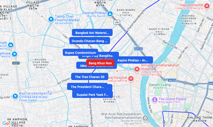Screenshot of Bang Khun Non (MRT Purple) area showing nearby condos and landmarks in Bangkok