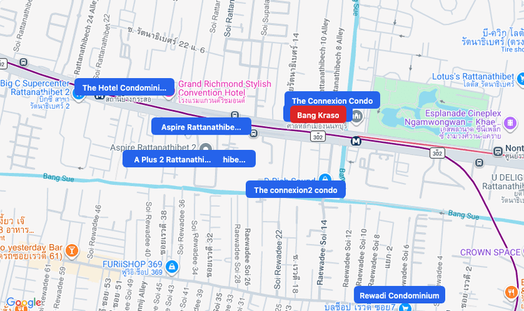 Screenshot of Bang Kraso (area) area showing nearby condos and landmarks in Bangkok