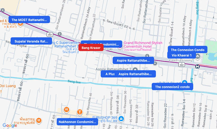Screenshot of Bang Krasor (MRT Purple) area showing nearby condos and landmarks in Bangkok