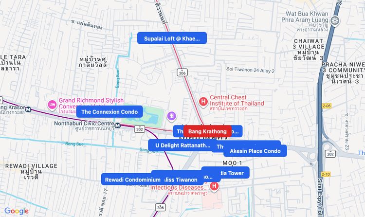 Screenshot of Bang Krathong (area) area showing nearby condos and landmarks in Bangkok