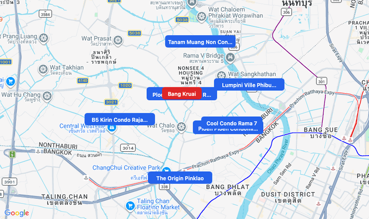 Screenshot of Bang Kruai (area) area showing nearby condos and landmarks in Bangkok