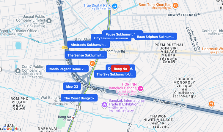 Screenshot of Bang Na (area) area showing nearby condos and landmarks in Bangkok