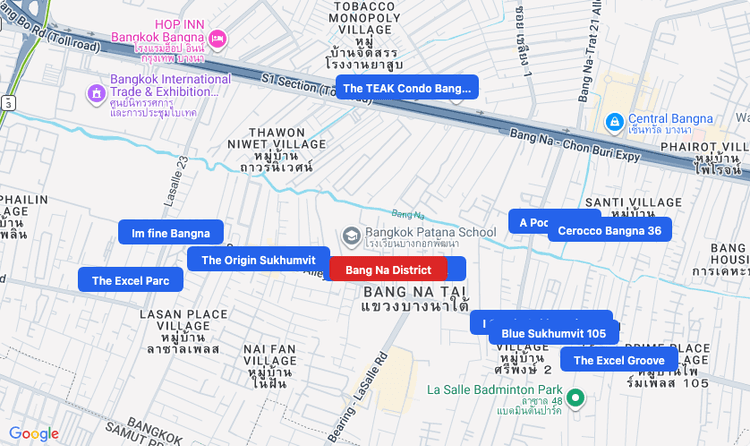Screenshot of Bang Na District (area) area showing nearby condos and landmarks in Bangkok