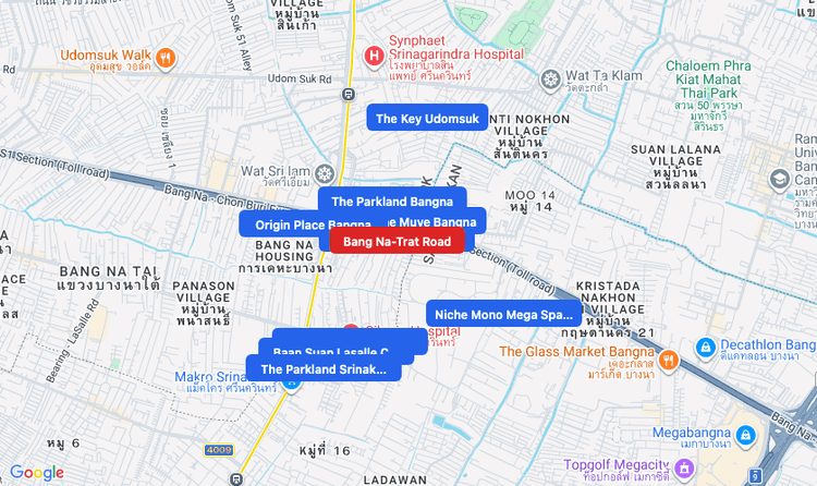 Screenshot of Bang Na-Trat Road (area) area showing nearby condos and landmarks in Bangkok