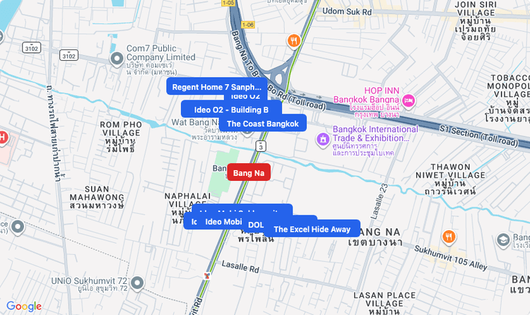 Screenshot of Bang Na (area) area showing nearby condos and landmarks in Bangkok