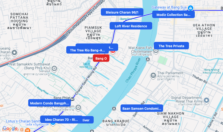 Screenshot of Bang O (MRT Purple) area showing nearby condos and landmarks in Bangkok
