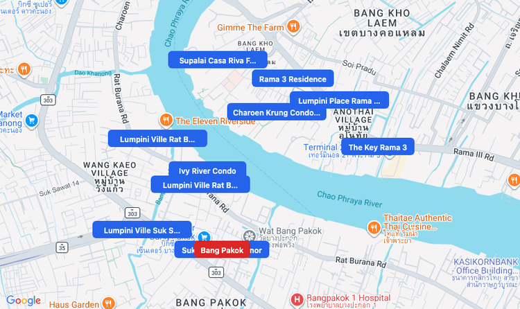 Screenshot of Bang Pakok (area) area showing nearby condos and landmarks in Bangkok
