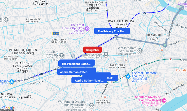 Screenshot of Bang Phai (MRT Blue) area showing nearby condos and landmarks in Bangkok