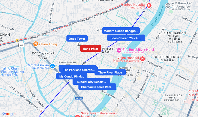 Screenshot of Bang Phlat (area) area showing nearby condos and landmarks in Bangkok