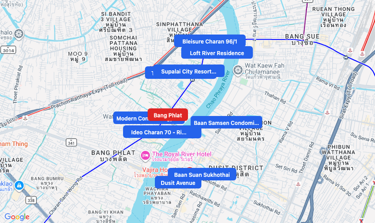 Screenshot of Bang Phlat (MRT Purple) area showing nearby condos and landmarks in Bangkok