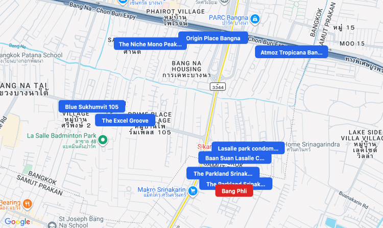 Screenshot of Bang Phli (area) area showing nearby condos and landmarks in Bangkok