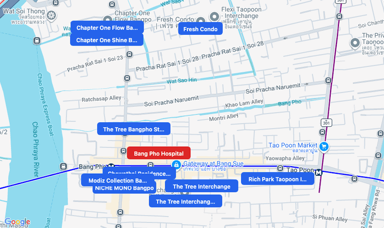 Screenshot of Bang Pho Hospital (hospital) area showing nearby condos and landmarks in Bangkok