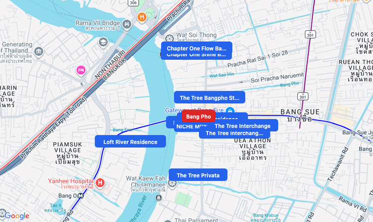 Screenshot of Bang Pho (MRT Purple) area showing nearby condos and landmarks in Bangkok