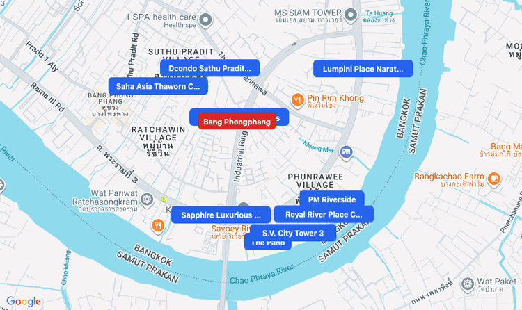Screenshot of Bang Phongphang (area) area showing nearby condos and landmarks in Bangkok