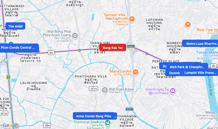 Screenshot of Bang Rak Yai (MRT Purple) area showing nearby condos and landmarks in Bangkok