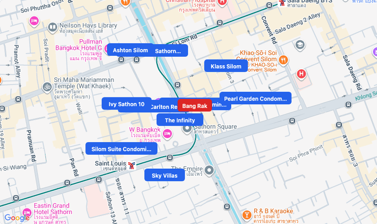 Screenshot of Bang Rak (area) area showing nearby condos and landmarks in Bangkok