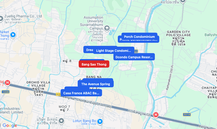 Screenshot of Bang Sao Thong (area) area showing nearby condos and landmarks in Bangkok