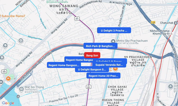 Screenshot of Bang Son (MRT Purple) area showing nearby condos and landmarks in Bangkok