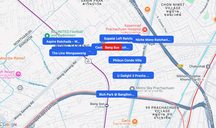 Screenshot of Bang Sue (area) area showing nearby condos and landmarks in Bangkok