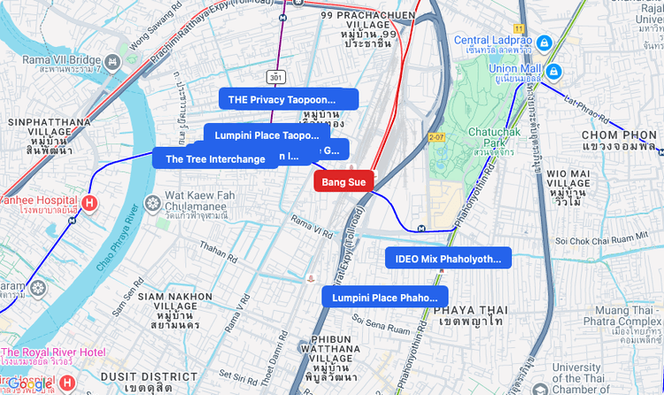 Screenshot of Bang Sue (MRT Blue) area showing nearby condos and landmarks in Bangkok