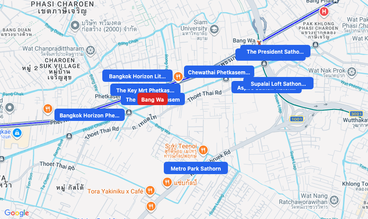 Screenshot of Bang Wa (area) area showing nearby condos and landmarks in Bangkok
