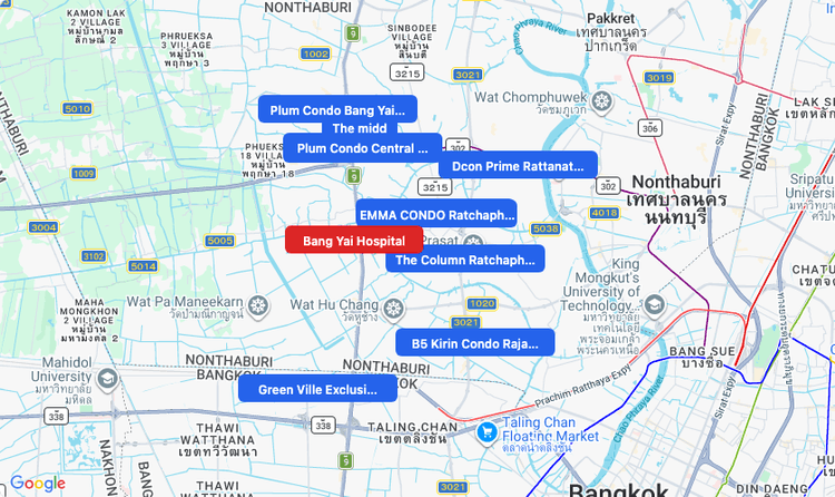 Screenshot of Bang Yai Hospital (hospital) area showing nearby condos and landmarks in Bangkok