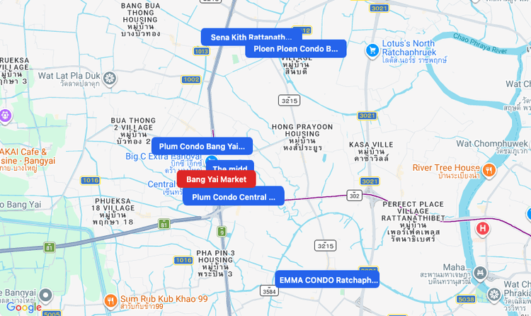 Screenshot of Bang Yai Market (MRT Purple) area showing nearby condos and landmarks in Bangkok